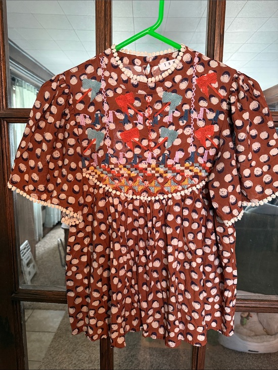 THML Tops - THML Rust Brown Embroidered Babydoll Blouse Button Back Pom Pom Trim Small